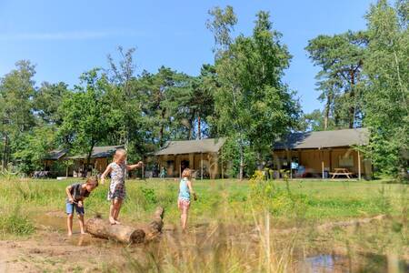 Kinder spielen vor Safarizelten im Ferienpark RCN de Flaasbloem
